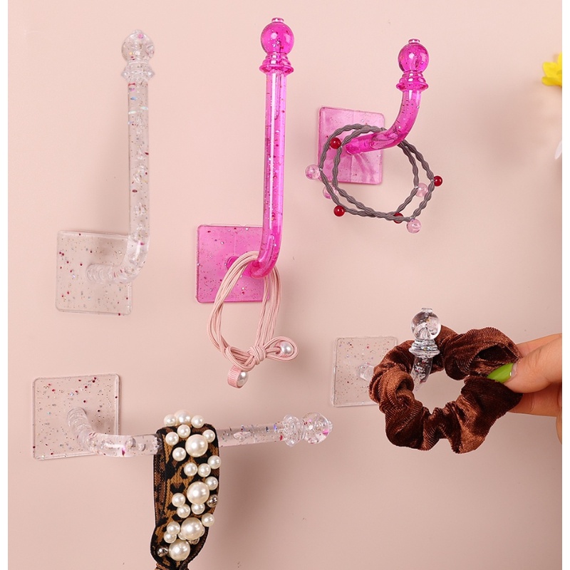 Self Adhesive Crystal Free Punch Hair Rope Holder/Gantungan Perhiasan Serbaguna/Kait Tas Kain Tahan Air Lembab/Rak Penyimpanan Transparan Home Organize Accessories