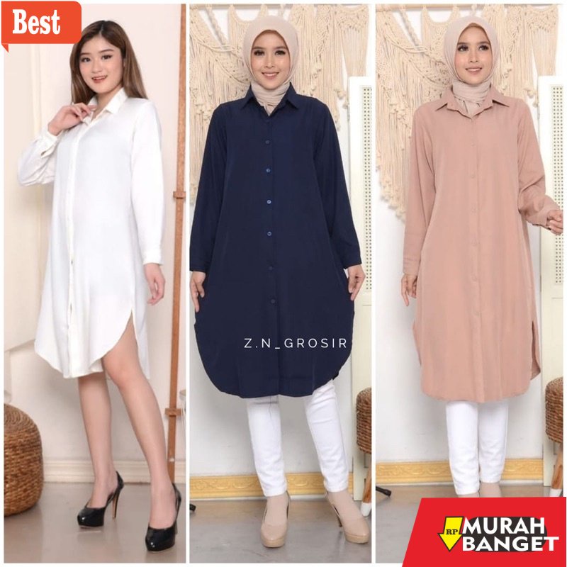 Tunik jumbo terbaru untuk wanita- Baju Long Dress Kemeja Tunik Wanita Hitam Putih Polos Jumbo Casual