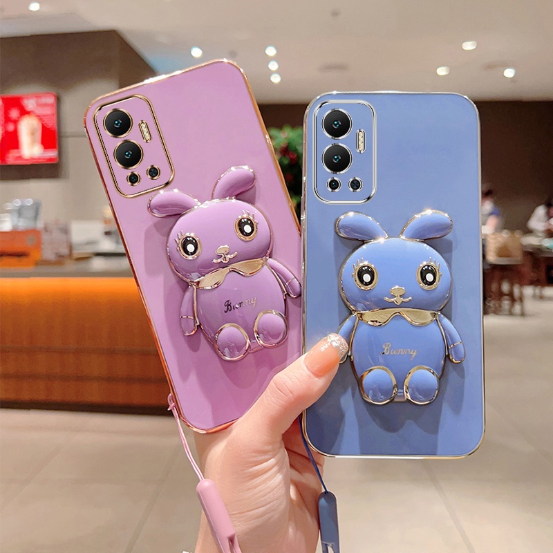 Andyh Case Ponsel Untuk Infinix Hot12X6817B Kartun Lucu Kelinci Kecil Tepi Lurus Soft Shell Mengirim lanyard Silikon