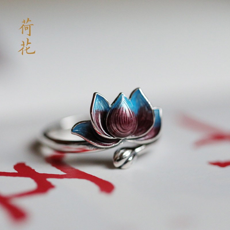 Gaya Baru Perak Retro Wanita Fashion Lotus Gosong Biru Terbuka Cincin Thai Silver Cloisonne Ring Single Ring