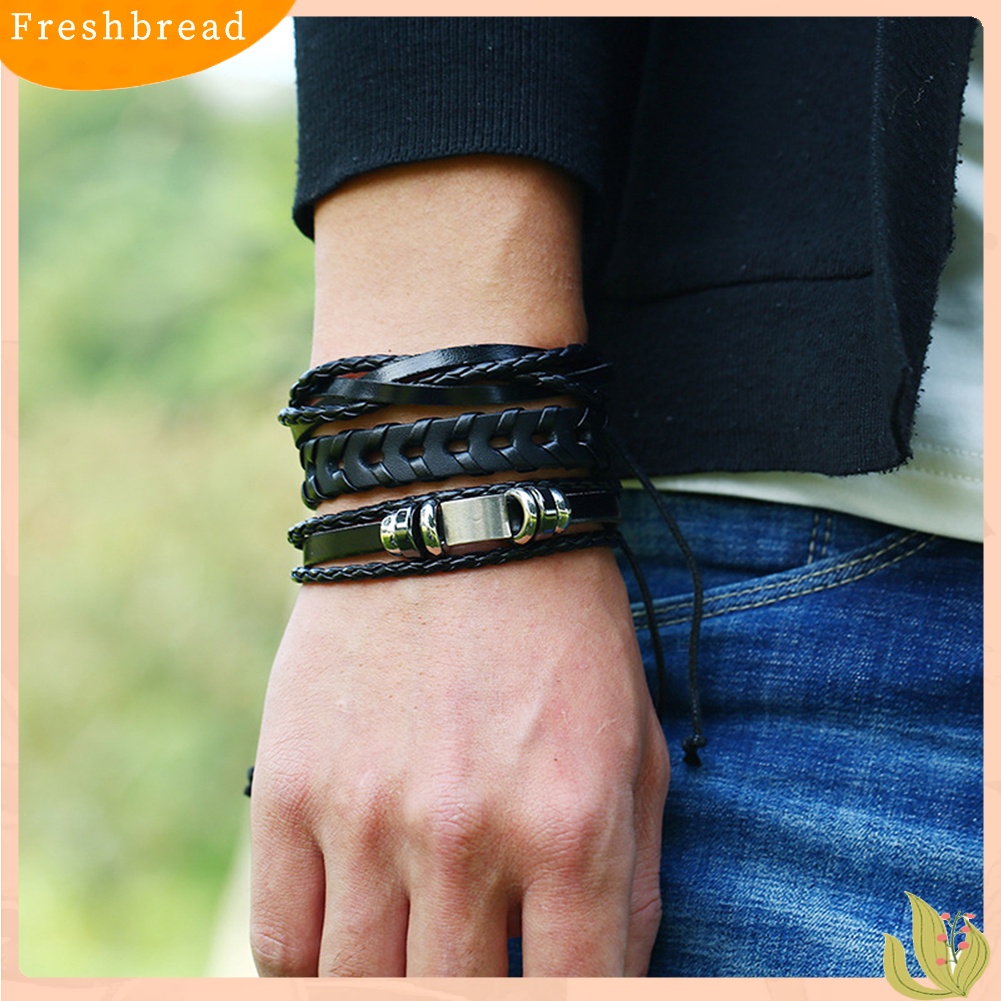 &lt; Freshbread &gt; 6Pcs Retro Multilayer Braided Tali Kulit Pria Gelang Set Bangle Perhiasan