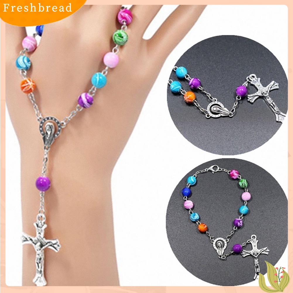 &lt; Freshbread &gt; Kristen Dewi Yesus Liontin Salib Manik-Manik Warna-Warni Rantai Wanita Gelang