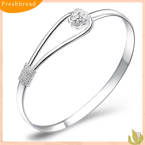 &lt; Freshbread &gt; Gelang Bangle Lingkaran Cuff Bangle Wanita Simple Elegan Silver Plated Rose Decor