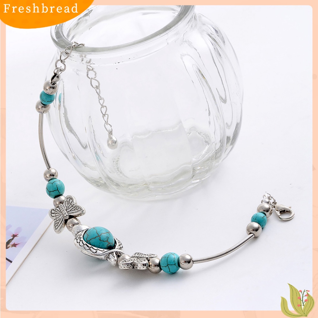 &lt; Freshbread &gt; Kupu-Kupu Dekorasi Adjustable Unisex Gelang Alloy Handmade Turquoises Beads Retro Gelang Perhiasan Aksesoris