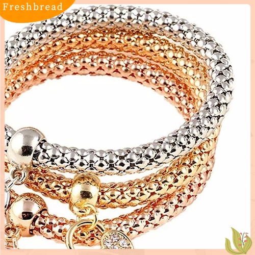 &lt; Freshbread &gt; 3Pcs Fashion Wanita Berlian Imitasi Cinta Hati Liontin Elastis Gelang Bangles