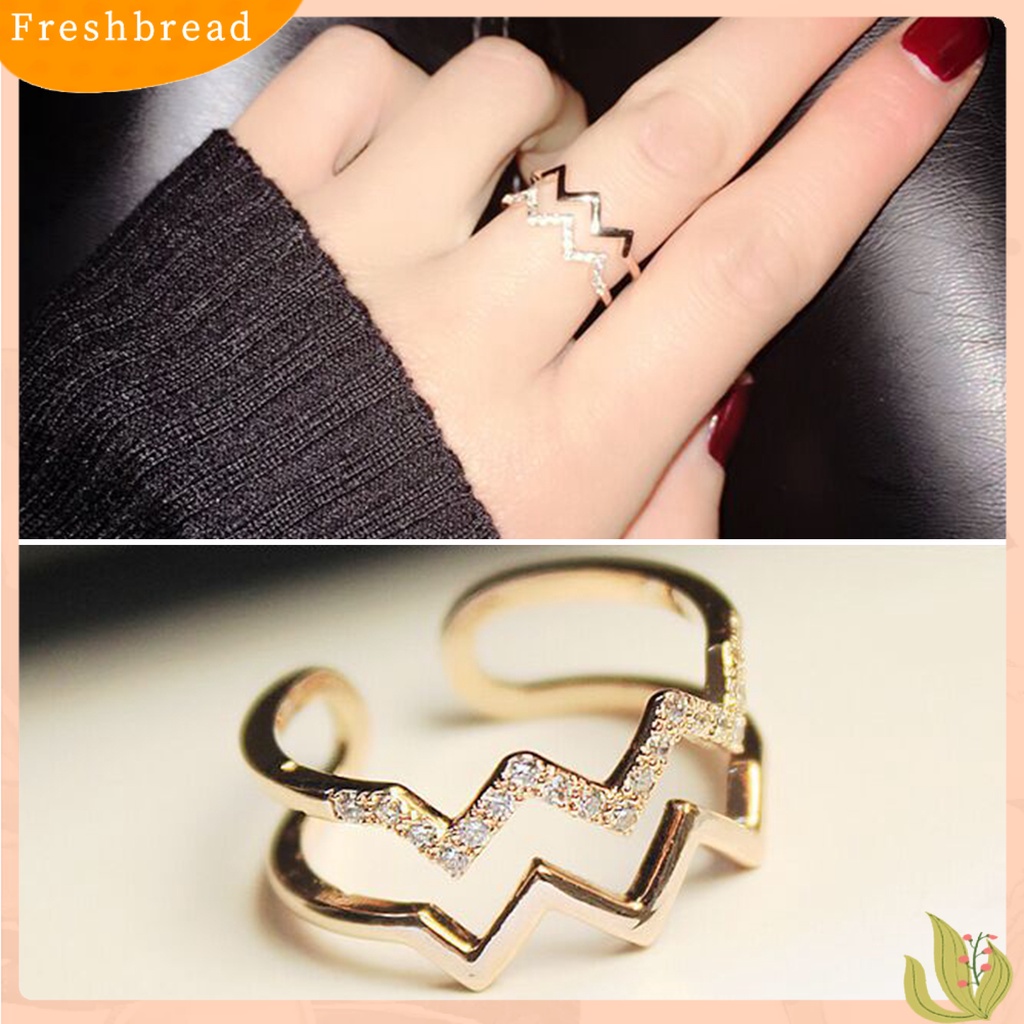 &lt; Freshbread &gt; Wanita Cincin Berlian Imitasi Mengkilap Hias Berkilau Pembukaan Yang Dapat Disesuaikan Geometris Hadiah Ulang Tahun Wanita Gelombang Ganda Jari Cincin Perhiasan Pesta Untuk Anniversary