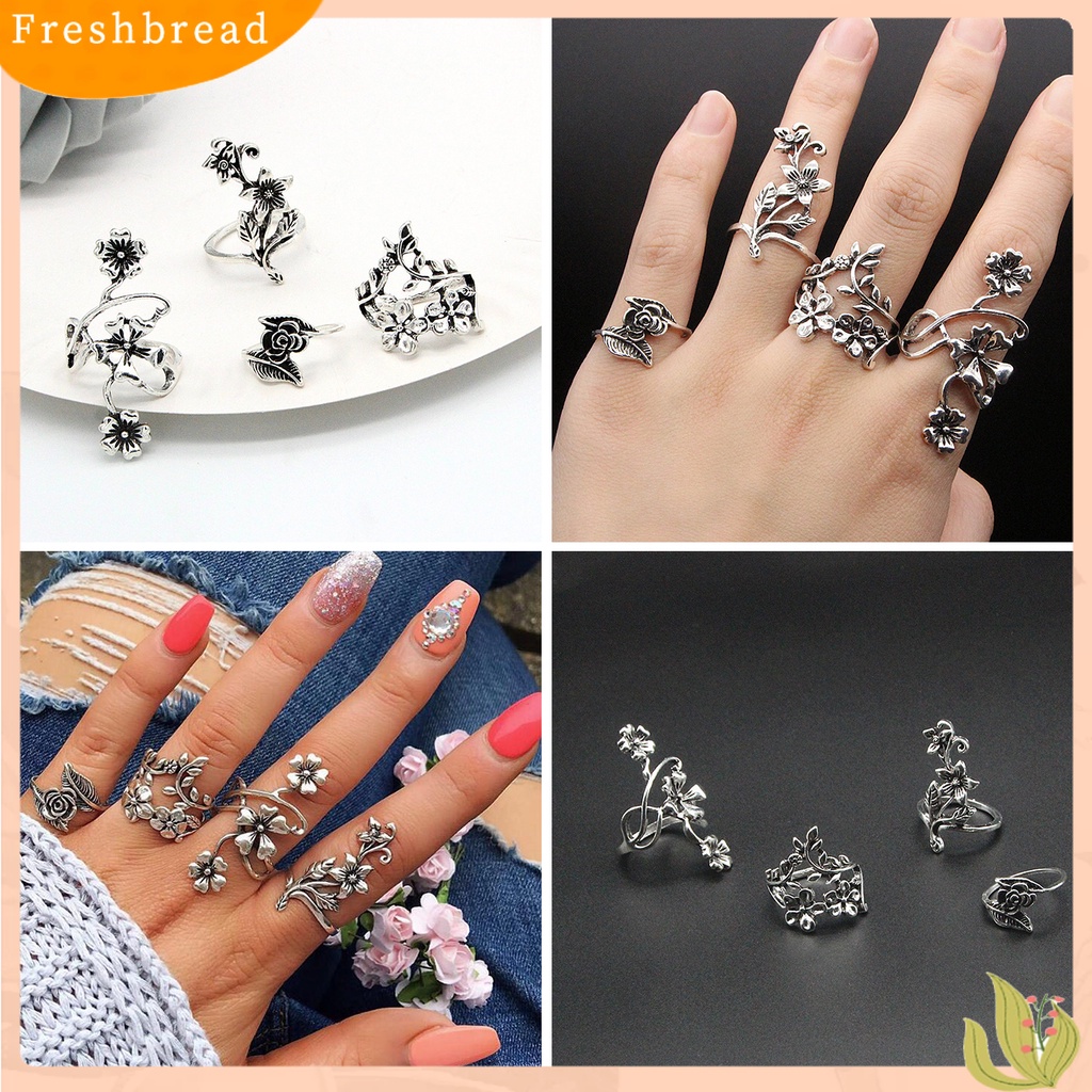 &lt; Freshbread &gt; 4Pcs/Set Cincin Buku Jari Klasik Gaya Cina Sederhana Berongga Diukir Bunga Tumpuk Cincin Aksesori Perhiasan