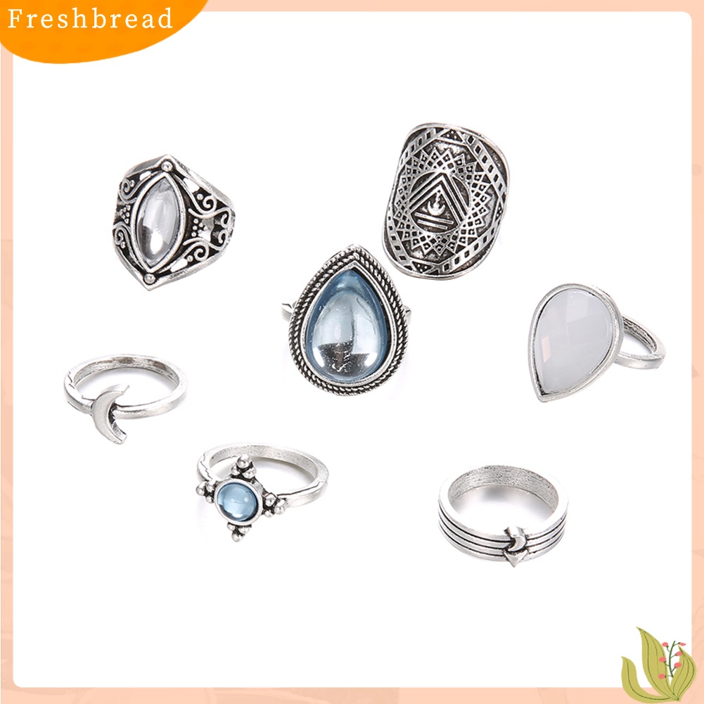 &lt; Freshbread &gt; 7Pcs/Set Wanita Retro Buatan Opal Tetesan Air Bulan Jari Buku Jari Cincin Perhiasan