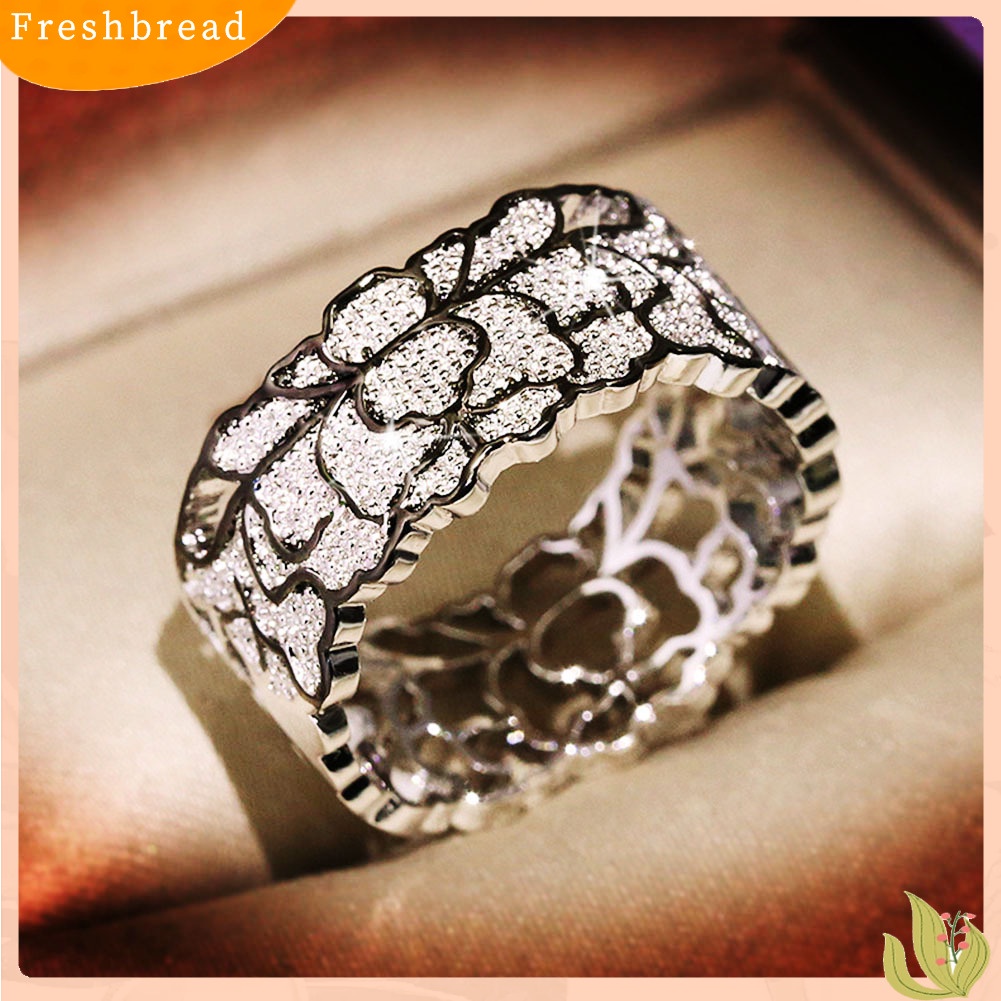 &lt; Freshbread &gt; Vintage Wanita Berongga Bunga Cubic Zirconia Jari Cincin Perhiasan Pesta Pengantin