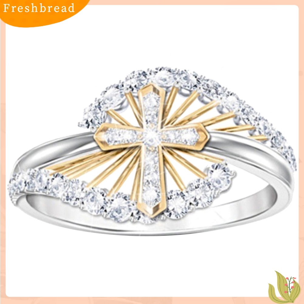 < Freshbread > Wanita Dual Tone Berlian Imitasi Bertatahkan Silang Jari Cincin Perhiasan Pertunangan Pernikahan