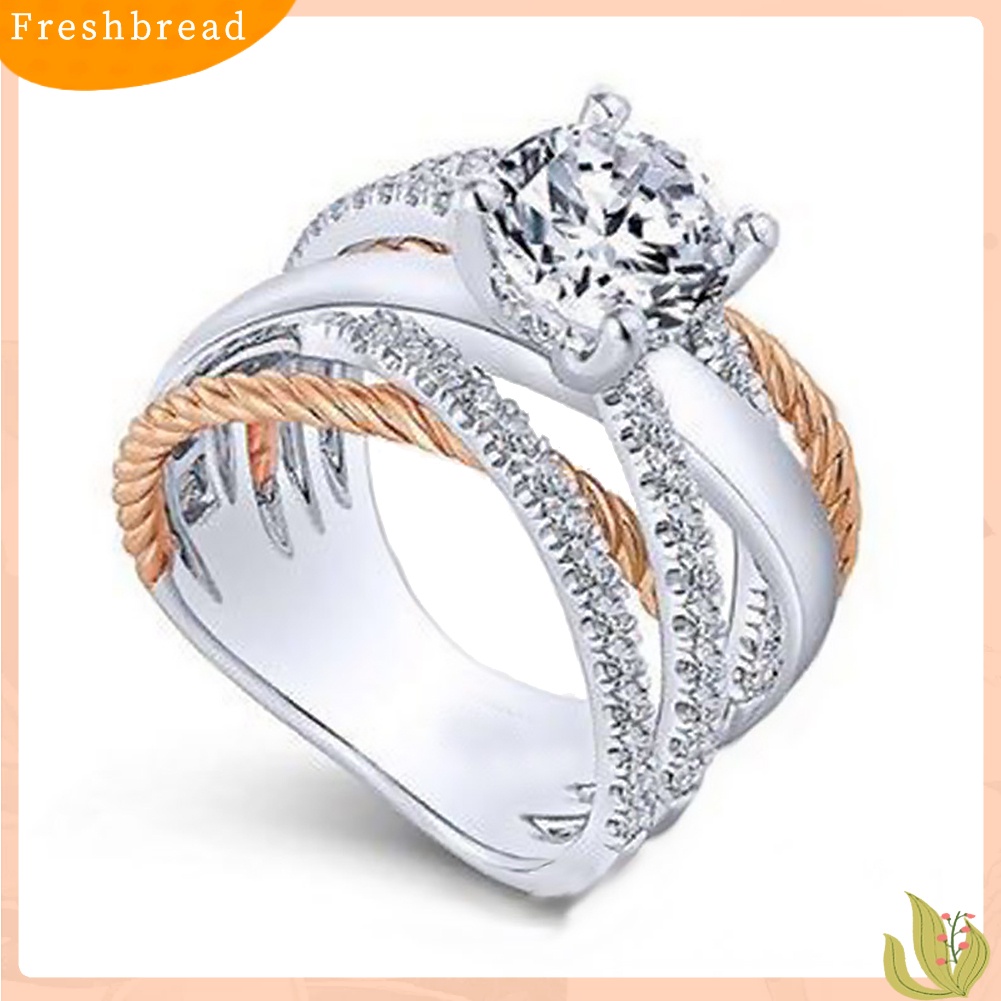 &lt; Freshbread &gt; Fashion Wanita Cross Dual Color Berlian Imitasi Cincin Pertunangan Pernikahan Perhiasan Hadiah