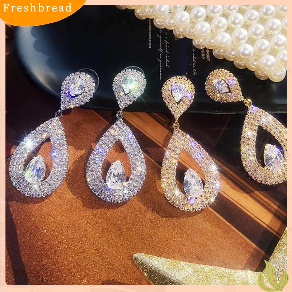 &lt; Freshbread &gt; Wanita Elegan Berlian Imitasi Jantung Teardrop Menjuntai Ear Drop Earrings Perhiasan Pesta