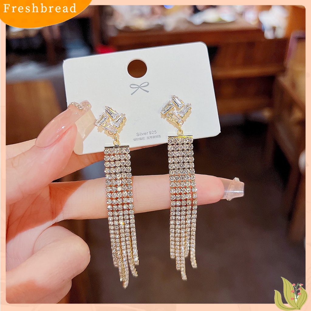 &lt; Freshbread &gt; 1pasang Anting Panjang Geometris Elegan Berlebihan Rantai Panjang Temperamen Bertatahkan Berlian Imitasi Anting Rumbai Panjang Aksesoris Fashion