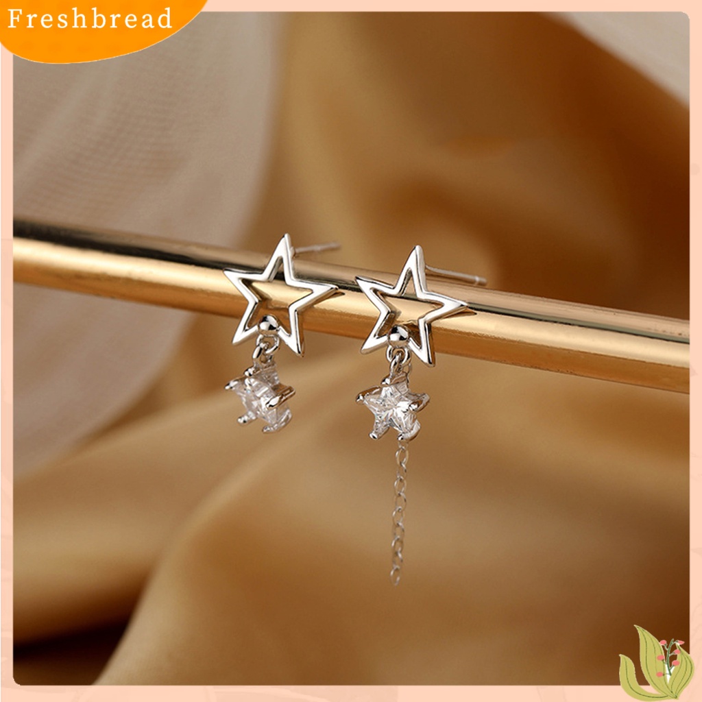 &lt; Freshbread &gt; 1pasang Ear Studs Rantai Bintang Berongga Rumbai Tidak Teratur Warna Emas/Perak Cubic Zirconia Tertanam Bintang Drop Anting-Anting Perhiasan Fashion