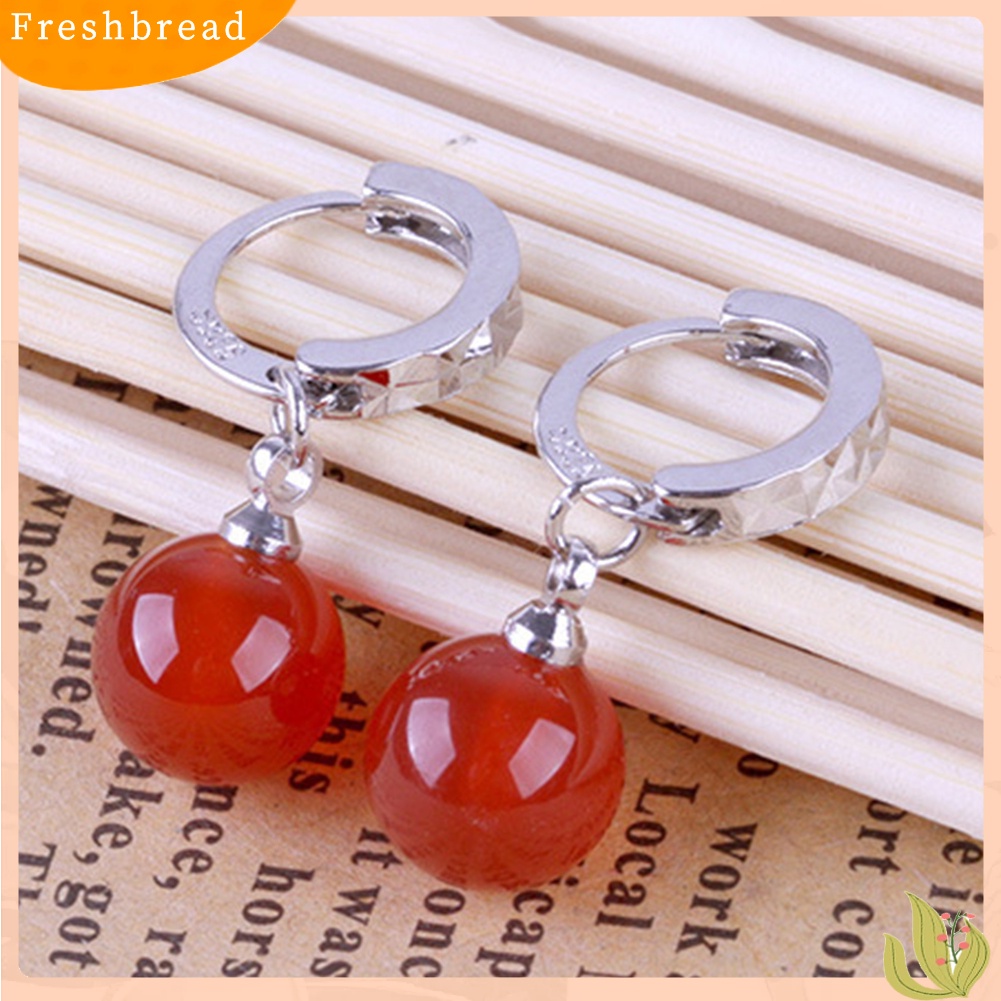 &lt; Freshbread &gt; Fashion Wanita Bulat Faux Agate Bead Menjuntai Drop Huggie Earrings Perhiasan Hadiah