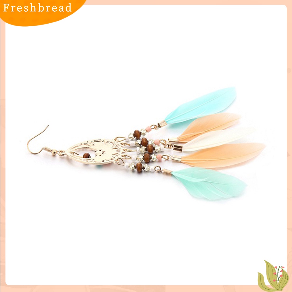 &lt; Freshbread &gt; Boho Wanita Berongga Manik-Manik Oval Warna-Warni Bulu Rumbai Drop Statement Earrings