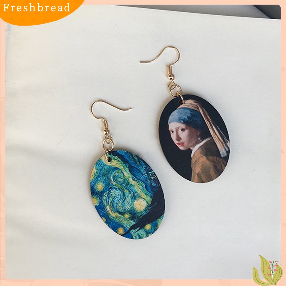 &lt; Freshbread &gt; Wanita Oval Enamel Niche Lukisan Minyak Asimetris Liontin Kayu Anting Kait