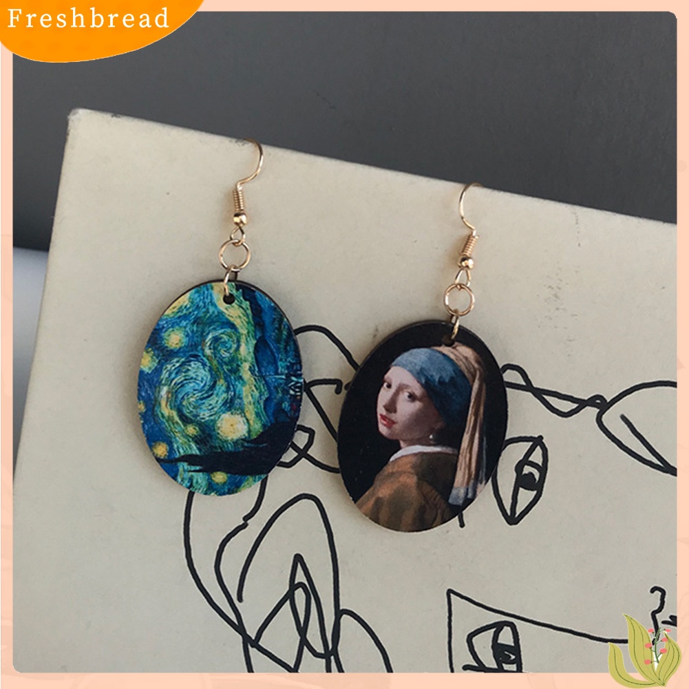 &lt; Freshbread &gt; Wanita Oval Enamel Niche Lukisan Minyak Asimetris Liontin Kayu Anting Kait