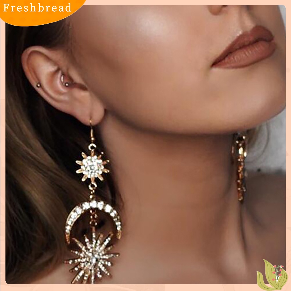 &lt; Freshbread &gt; Mewah Matahari Bulan Drop Anting-Anting Berlian Imitasi Mengkilap Ear Hook Boho Statement Jewelry