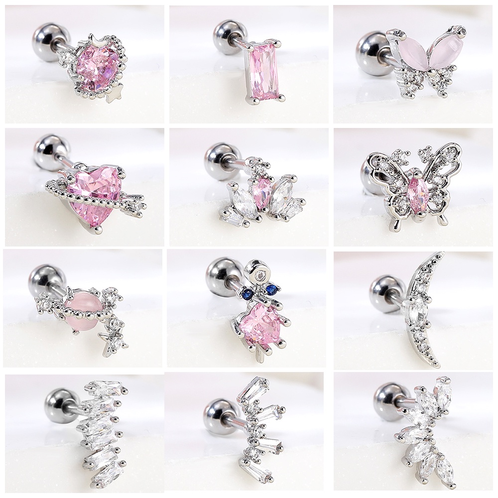 1pc Butterfly Stainless Steel Cartilage Stud Earrings Pink Heart Crystal Earring Bunga Telinga Stud Telinga Baris Helix Tragus Piercing