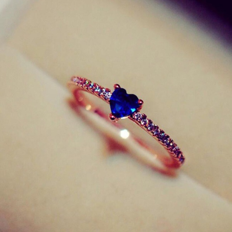 Goldkingdom Aksesoris Perhiasan Fashion Ready Stock Jantung Cincin Berlian Biru In Rose Gold Plating