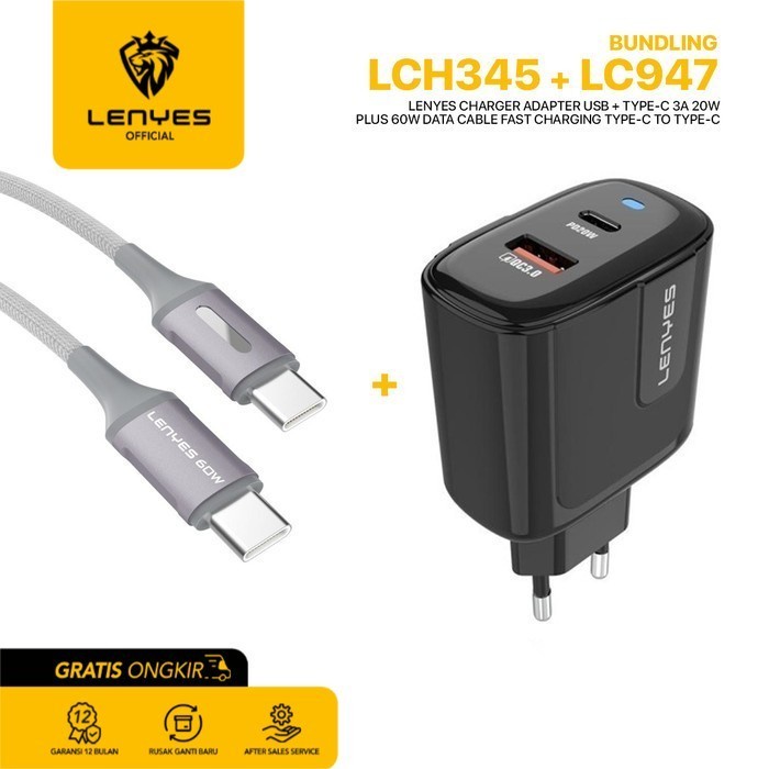 Lenyes LCH345 + LC947 Charger Handphone + Data Cable Paket Bundle original kabel cable casan travel charger tc android usb charger micro usb type c batok kepala charger
