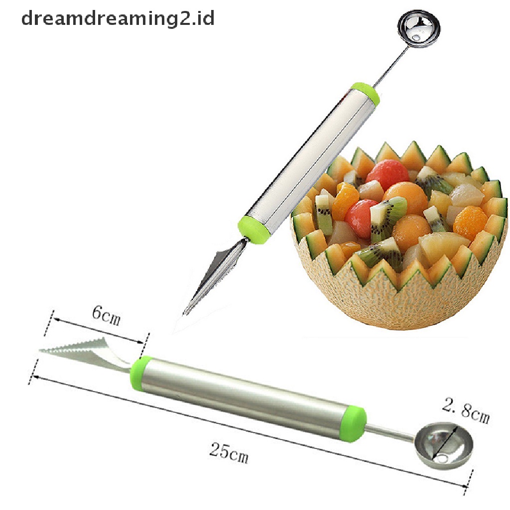 (hot) New Stainless Steel Ice Cream Double-End Scoop Spoon Melon Baller Cutter Buah Sendok Scoop Ice Cream Melon Buah Stainless Steel Baru Melon Baller Pemotong Ukir Stainle Panas