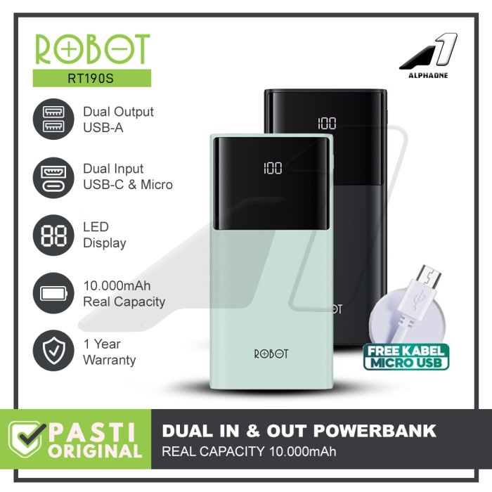 ROBOT POWERBANK 10000MAH DUAL INPUT RT190S LED DISPLAY NEW RT180 RT190