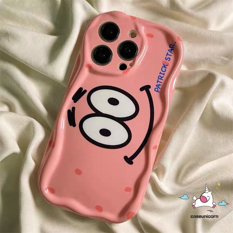 Kartun Lucu SpongeBob Patrick Shockproof Case Kompatibel Untuk IPhone 7Plus XR 13 11 14 12 Pro Max 6s 6 7 8 Plus X XS Max Bintang SE 2020 3D Wavy Curved Edge Glossy Airbag Soft Cover