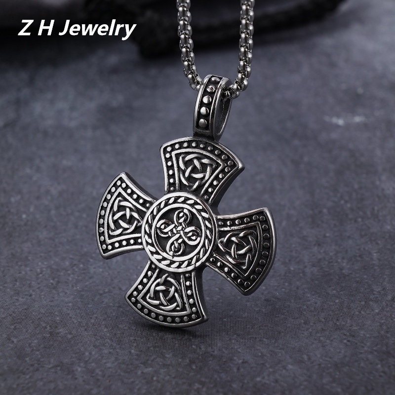 [Z H Perhiasan] Vintage Hip-hop Celtic Cross Liontin Pria Fashion Stainless Steel Kalung Punk Pesta Perhiasan Aksesoris