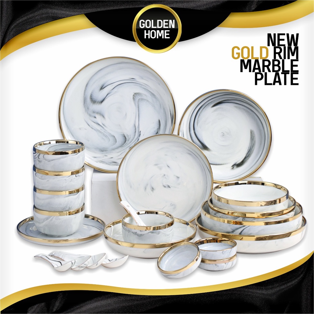 GOSERBA Piring Mangkok Makan Keramik Porcelain Ceramic Bowl Cantik Motif Marmer Marbel Marble Plate 
