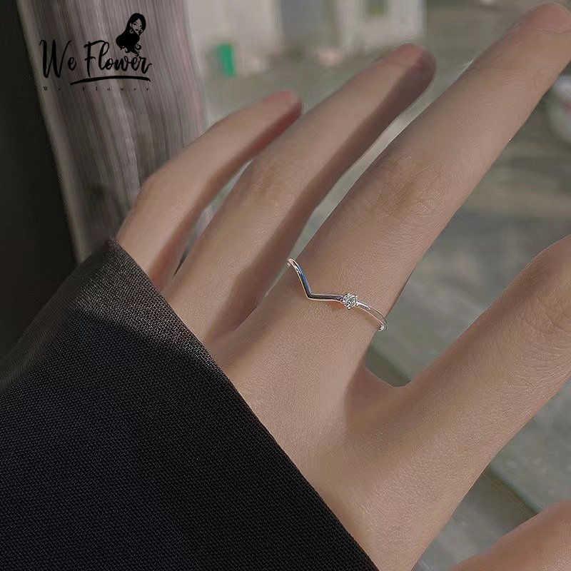 We Flower Minimalis S925 Perak Bentuk V Bersinar Zirkon Tunggal Cincin Untuk Wanita Perempuan Elegan Pertunangan Pernikahan Cincin Korea Fashion Jari Perhiasan Hadiah