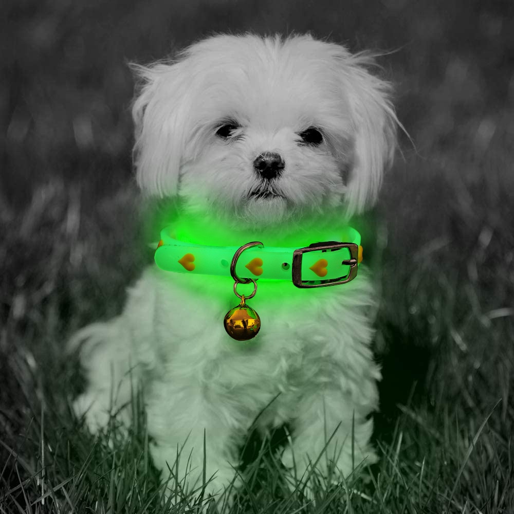 1pc Warna Acak Anjing Kucing Kalung Cat Dog Dress Up Collars Adjustable Luminous Silicone Fluorescent Pet Collars Dengan Bell Glow Di Malam Hari Nyaman Anti Hilang Cincin Leher