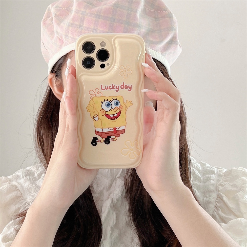 Spongebob Squarepants Bingkai Bentuk Gelombang Soft Phone Case Penutup Belakang Untuk Iphone 12Mini 13Mini 11Pro 14Plus XS XR XSMAX 14Promax 12 13 Air Cushion Cover Soft Tpu Case