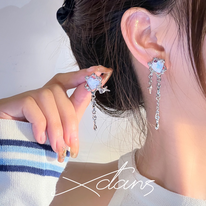 Yeezii Anting Tusuk Silver Pribadi Hati Bintang Rumbai Earings Untuk Perhiasan Aksesoris Wanita