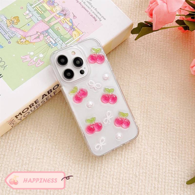 Cute Drop Glue Acrylic Full Screen Cherry Casing Transparan Untuk Iphone14 13 12 11 Pro MAX Plus Mini Shockproof Clear Cover Untuk iPhone X XS MAX XR 7 8 Plus SE 2022 2020