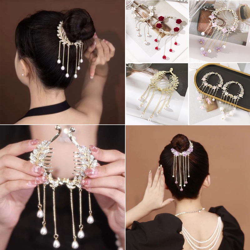 Alloy Berlian Imitasi Bunga Jepit Rambut Rumbai Manik-Manik Ponytail Hair Clip Aksesoris Rambut Wanita