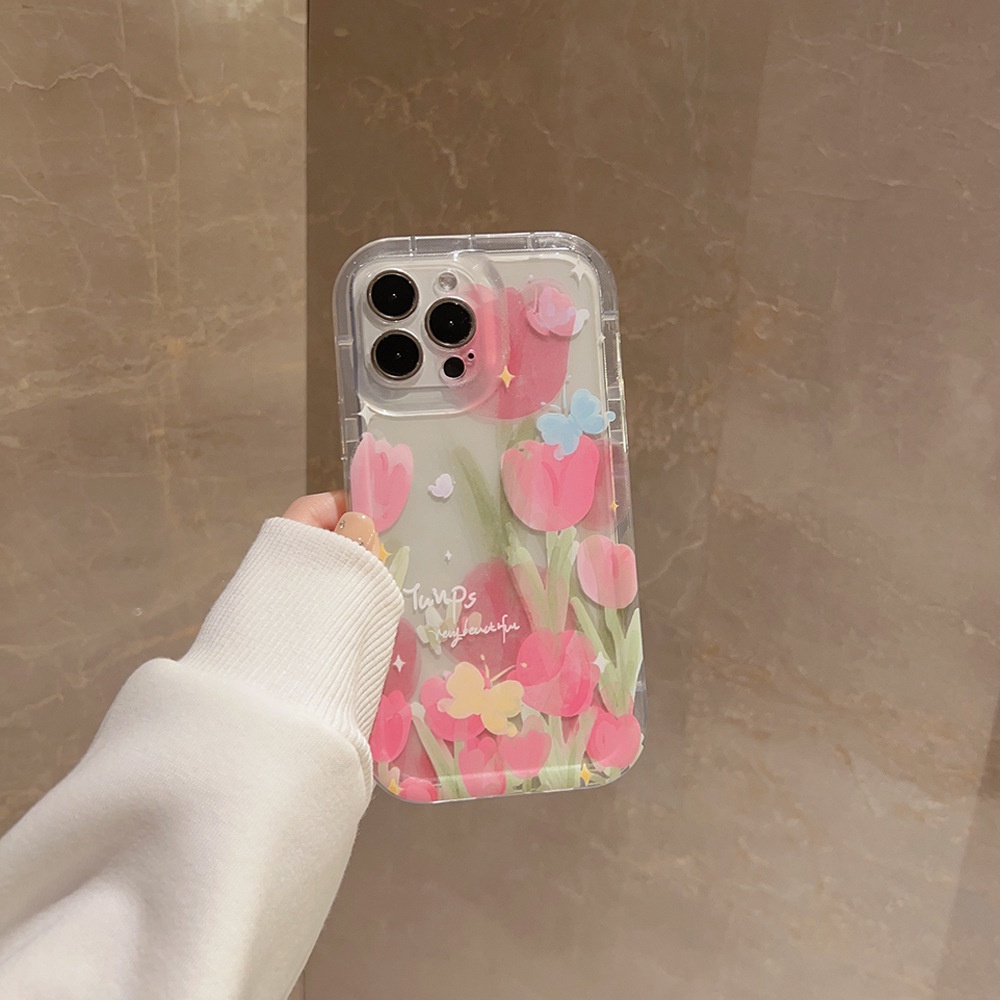 IPHONE Ins Pink Tulips Case Silikon Untuk Iphone14 11 12 13 PRO MAX Casing Cover Pelindung AT0143