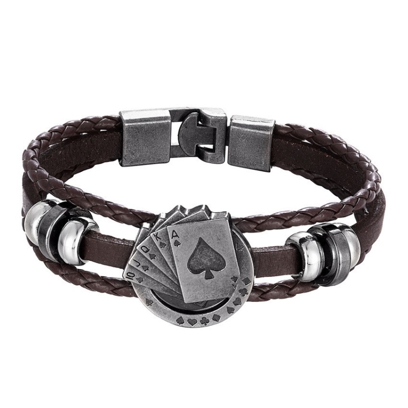 [Z H Perhiasan] Vintage Rock Poker Gelang Kulit Pria Dan Wanita Fashion Stainless Steel Multilayer Manik-Manik PU Gelang Punk Pesta Perhiasan Aksesoris