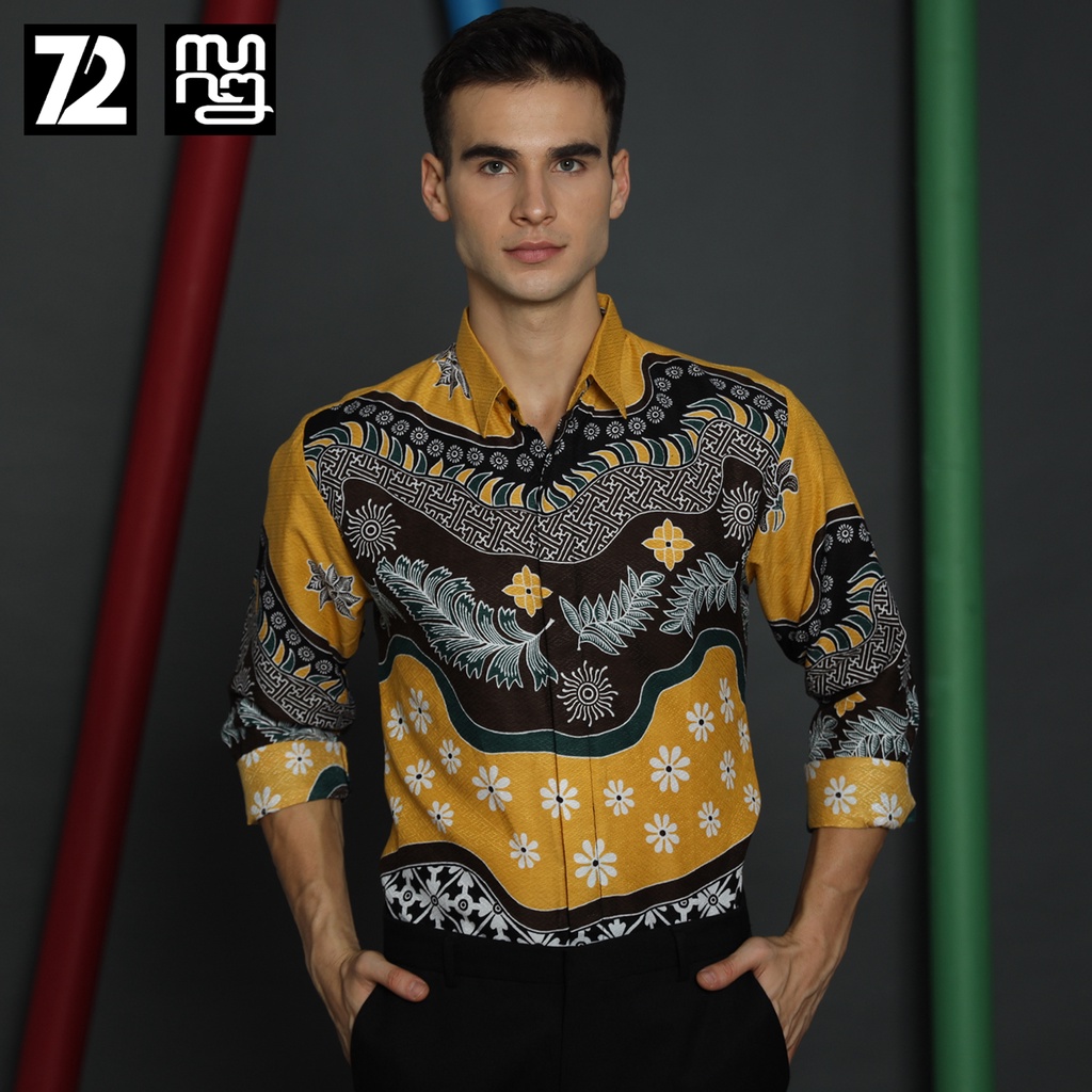 KEMEJA BATIK PRIA LENGAN PANJANG Kemeja Dobby Slimfit Motif Kallias Warna Kuning 723538 Cap 72 - Baju Kemeja Atasan Pakaian Setelan Batik Pria Cowok Laki Laki Remaja Keluarga Kantor Lengan Panjang Modern Slimfit Slim Fit Premium Kekinian