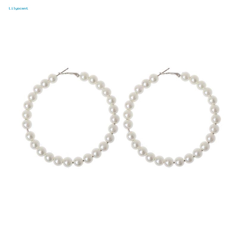 Lilyscent Elegan Lady Mutiara Imitasi Lingkaran Besar Menjuntai Hoop Earrings Statement Perhiasan Hadiah