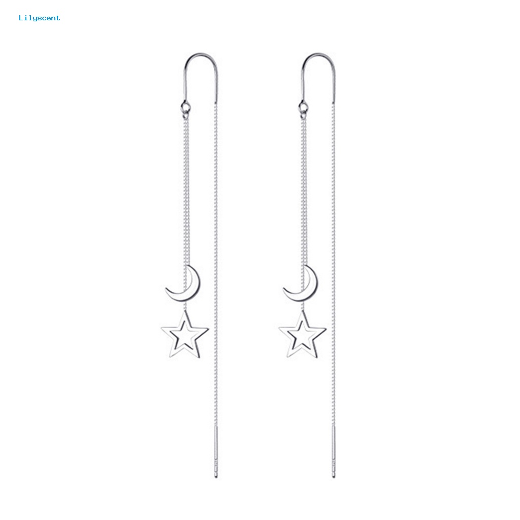 Lilyscent 1pasang Anting Linear Ringan Perhiasan Aksesoris Bulan Bintang Liontin Wanita Linear Earrings Warna Perak