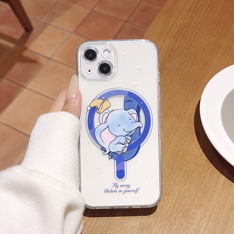 Untuk iPhone magnetic charge Case14 13 12 11 Pro Max Kartun Gajah Transparan Soft case