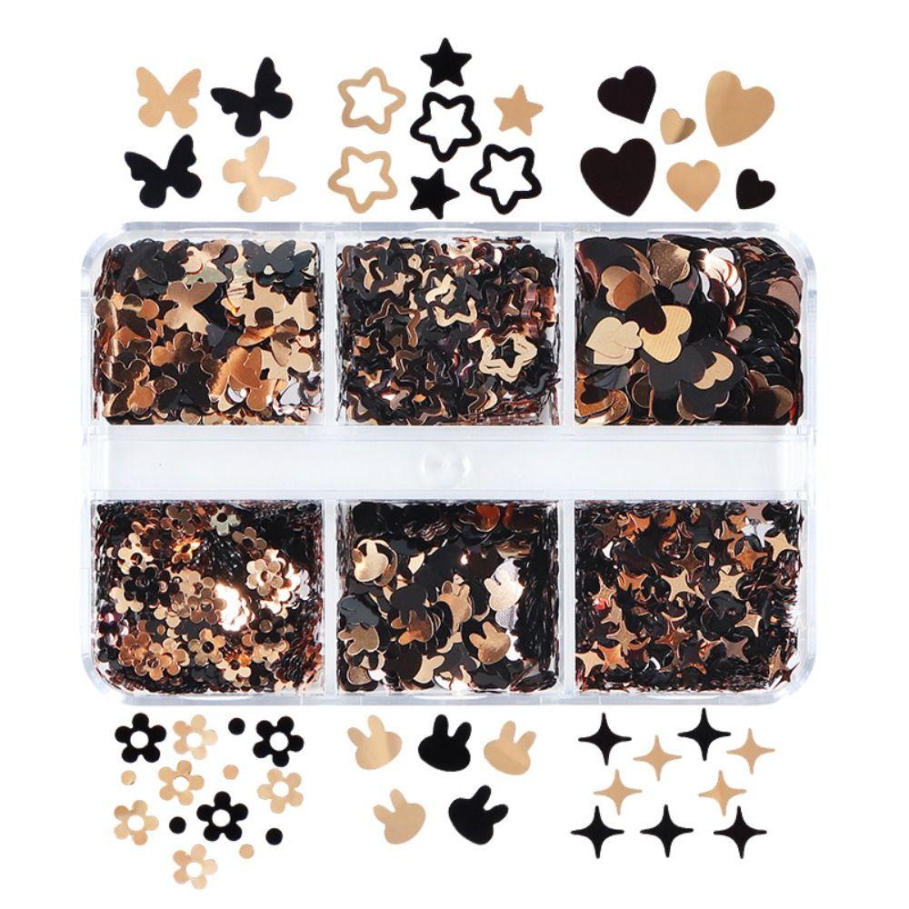 Agustina Paku Glitters Hati 6kisi Kotak Kupu-Kupu Kelinci Warna Hitam Emas Aksesoris Kuku Manikur Ornamen