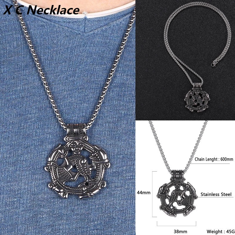 [X C Kalung] Baru Silvery Vintage Viking Bajak Laut Berongga Keluar Titanium Steel Liontin Punk Hip Hop Stainless Steel Kalung Hadiah Pesta Ulang Tahun Untuk Pria Dan Wanita