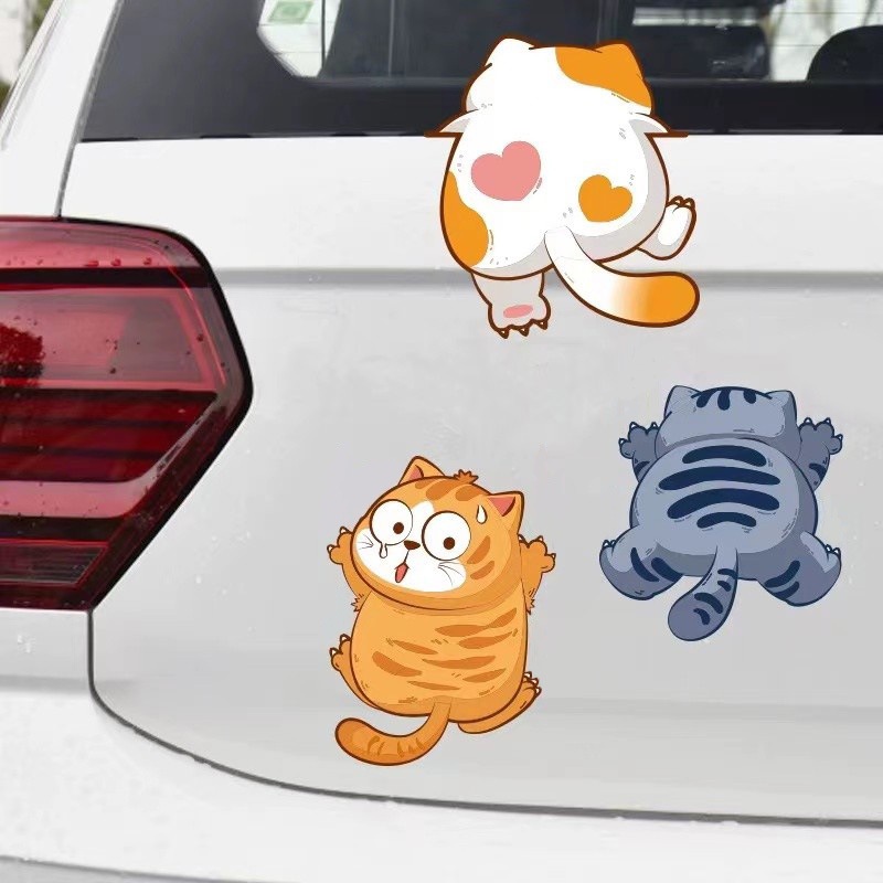 S/m/l 3ukuran Kartun Kucing Bentuk PVC Perekat Diri Stiker Mobil/Menarik Pet Kitten Mendaki Aplikasi Otomotif/DIY Kendaraan Pribadi Decal