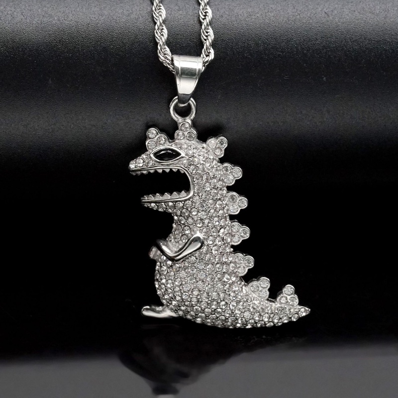 [Z H Perhiasan] Retro 18K Emas Disepuh Berlian Dinosaurus Liontin Fashion Pria Anti Karat Kalung Liontin Hip Hop Pesta Baja Titanium Perhiasan Aksesoris Grosir