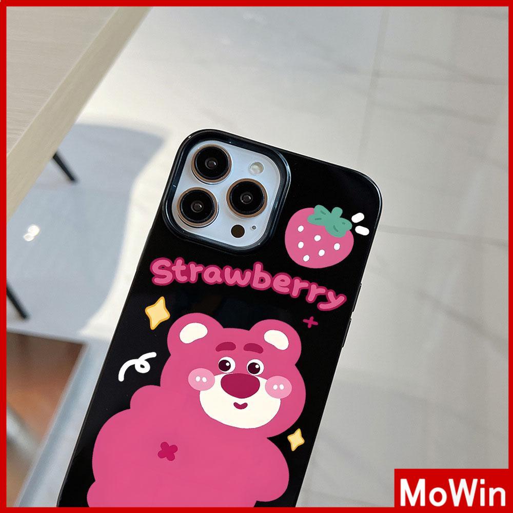 For iPhone 14 Pro Max iPhone Case Black Glossy TPU Soft Case Shockproof Protection Camera Strawberry and Bear Compatible with iPhone 13 Pro max 12 Pro Max 11 xr xs max 7Plus 8Plus