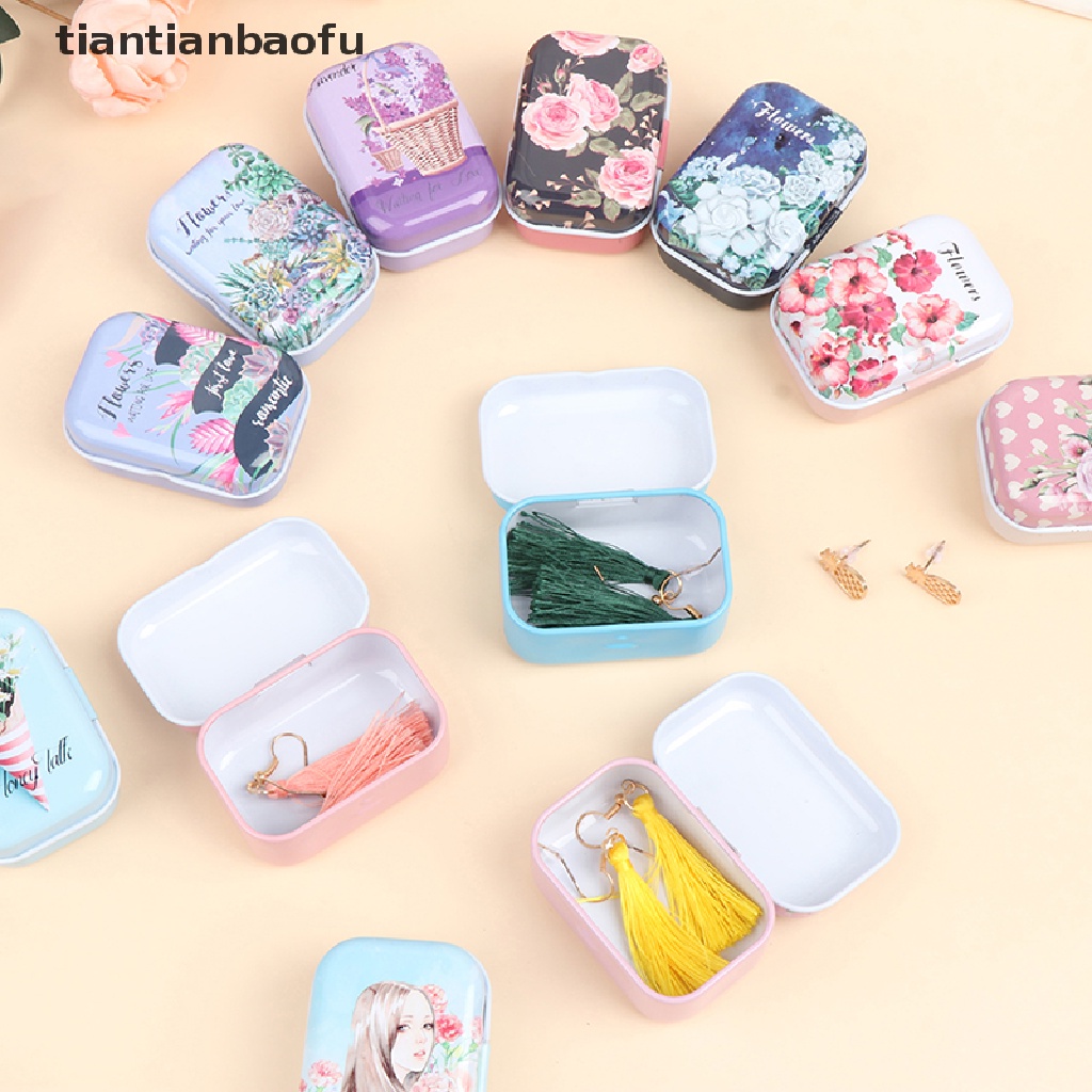 [tiantianbaofu] 1 * Mini Bunga Tin Trinket Perhiasan Kotak Koin Tempat Penyimpanan Tinplate Rectangul Kecil Butik