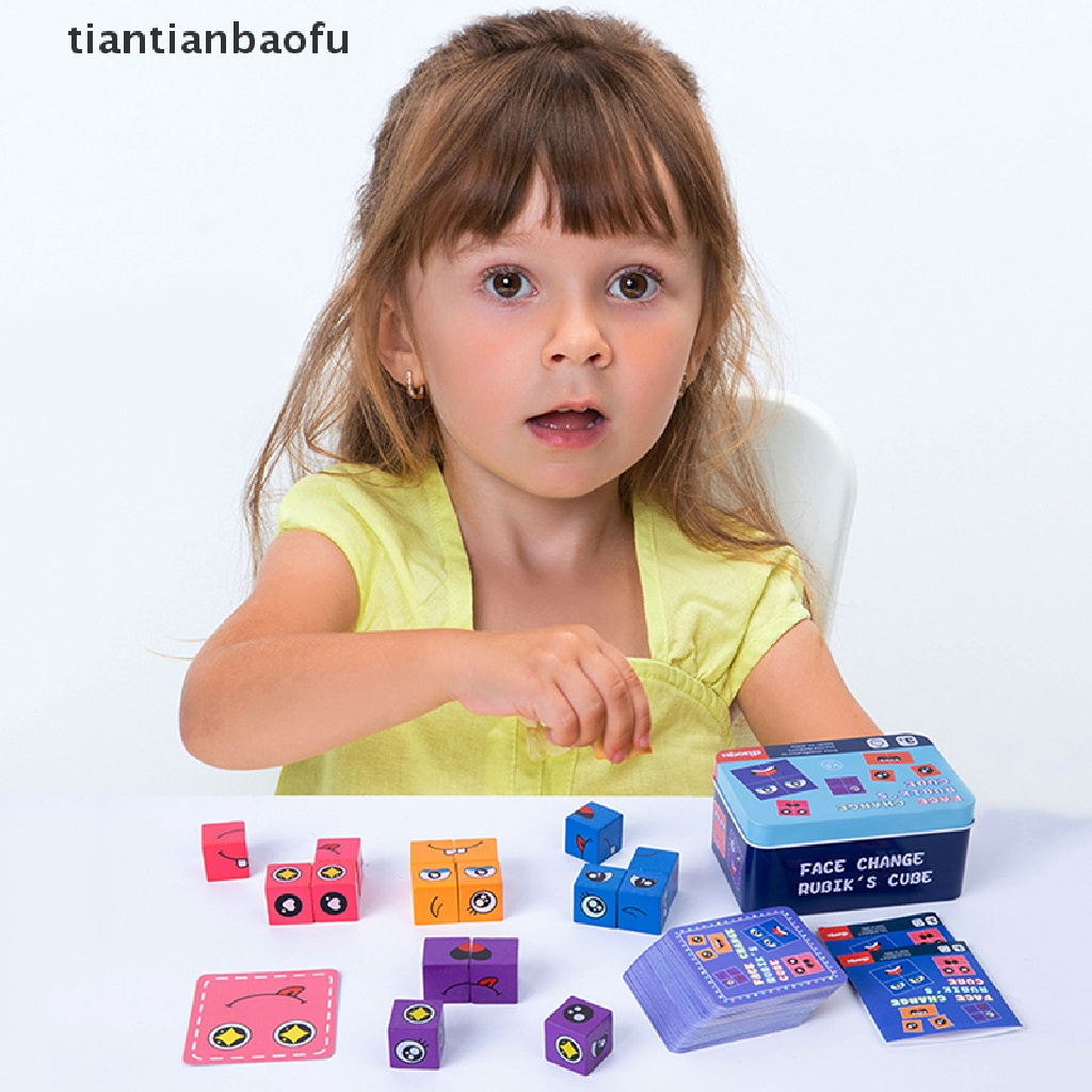 [tiantianbaofu] Emosi Wajah Mengubah Blok Ekspresi Kayu Mainan Puzzle Anak Cube Table Game Belajar Montessori Mainan Edukasi Anak Butik